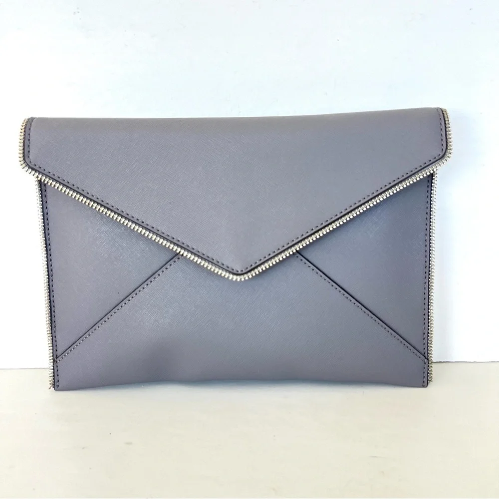 REBECCA MINKOFF Leo Gray Safiano Structure Leather Zipper Accent Envelope Clutch